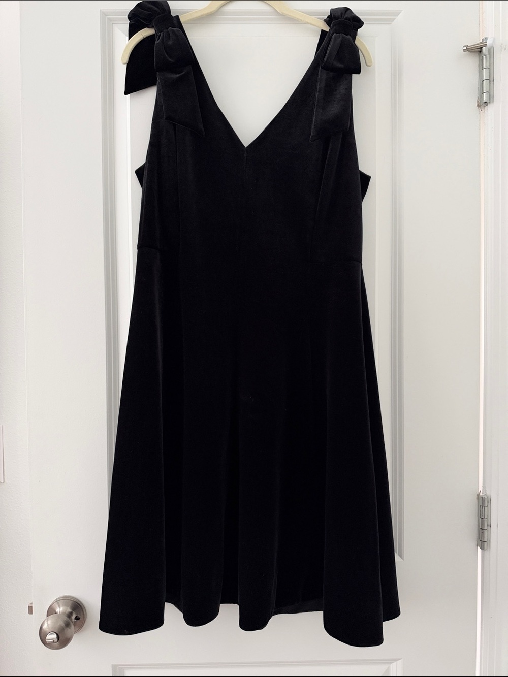 Draper James Black Velvet V-Neck Midi Dress with Tie Shoulders